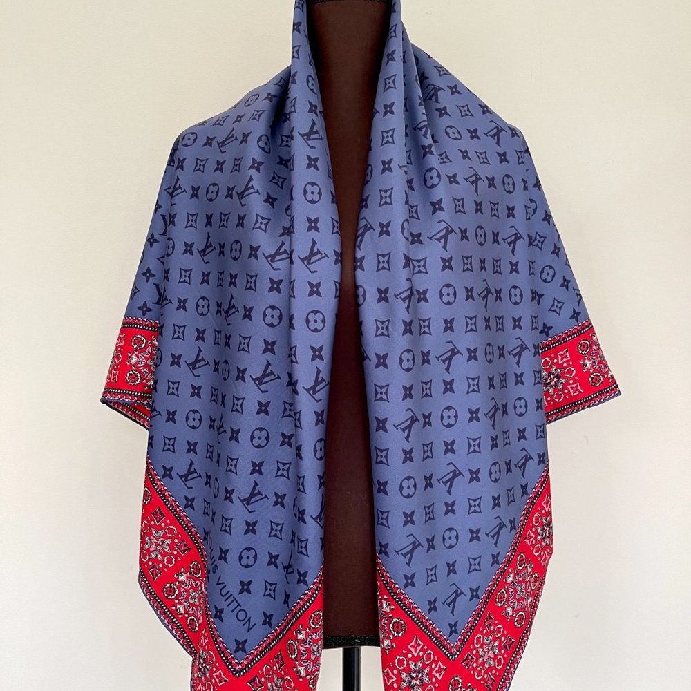 Louis Vuitton Wrap Monogram Logo Oversize Square Blue Silk Scarf - Picture 4 of 16